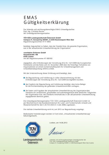 Aktualisierte Umwelterklärung 2012 [3.5 MByte/pdf] - voestalpine