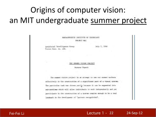 Lecture 1 - Stanford Vision Lab; Prof. Fei-Fei Li