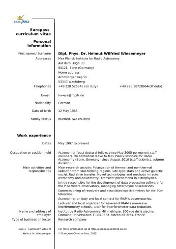 Europass curriculum vitae Personal information Dipl. Phys. Dr ...