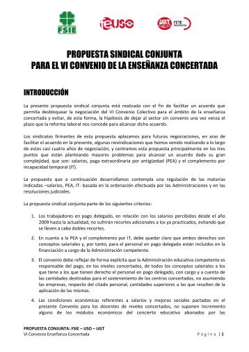 PROPUESTA SINDICAL CONJUNTA PARA EL VI CONVENIO DE LA ENSEÑANZA CONCERTADA
