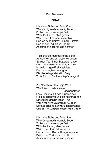 Wolf Biermann HEIMAT Ich suche Ruhe und finde Streit Wie süchtig ...