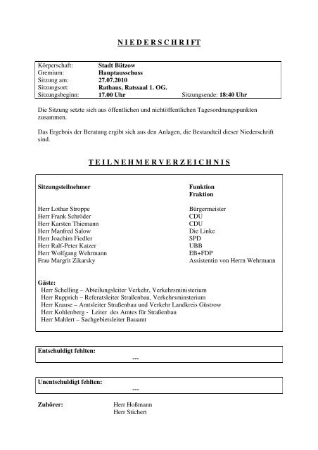 niederschri ft teilnehmerverzeichnis - Stadt Bützow
