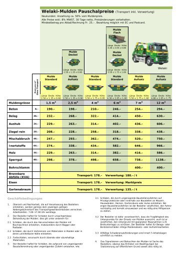 Welaki-Mulden Pauschalpreise (Transport inkl. Verwertung)