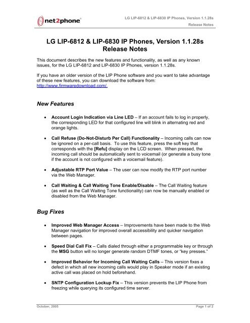 LG LIP-6812 & LIP-6830 IP Phones, Version 1.1.28s Release Notes