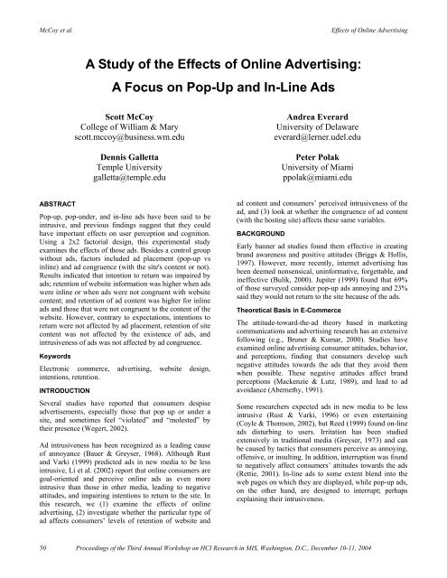 A Study of the Effects of Online Advertising: A Focus on Pop-Up and ...