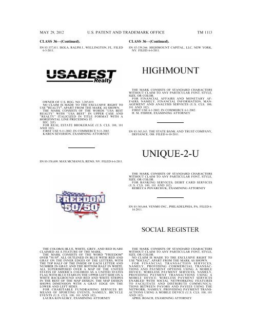 marks published for opposition - U.S. Patent and Trademark Office