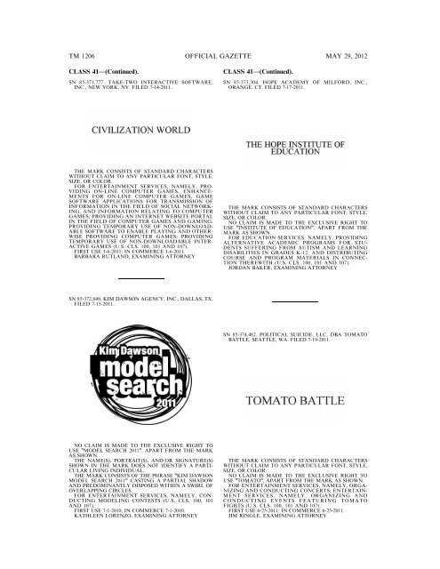 marks published for opposition - U.S. Patent and Trademark Office