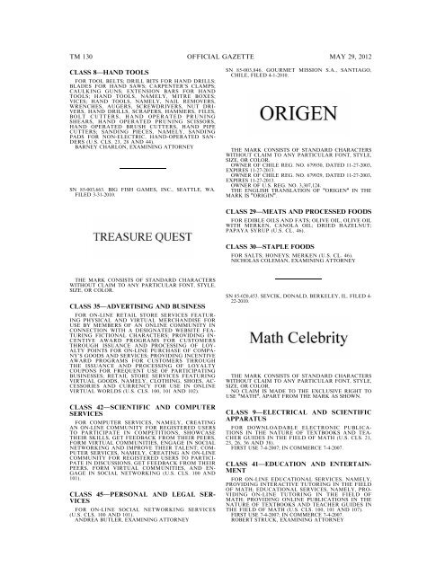 marks published for opposition - U.S. Patent and Trademark Office