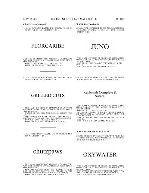 marks published for opposition - U.S. Patent and Trademark Office