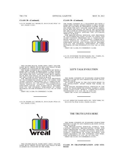 marks published for opposition - U.S. Patent and Trademark Office