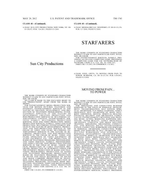 marks published for opposition - U.S. Patent and Trademark Office