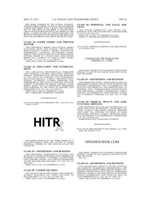 marks published for opposition - U.S. Patent and Trademark Office