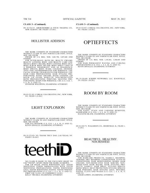 marks published for opposition - U.S. Patent and Trademark Office