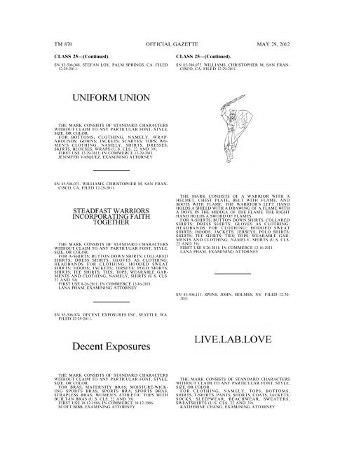 marks published for opposition - U.S. Patent and Trademark Office