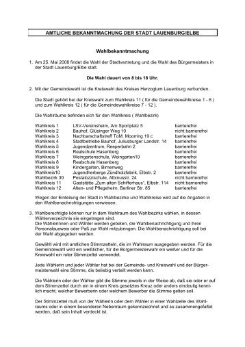 Wahlbekanntmachung - Stadt Lauenburg/Elbe