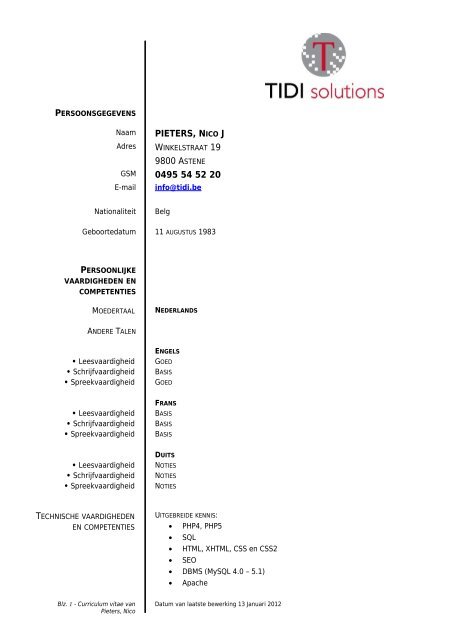 EUROPEES CURRICULUM VITAE MODEL ... - nstatic.be Website