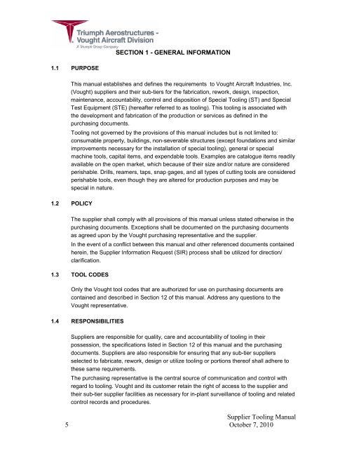 Supplier Tooling Manual - Vought Aircraft Division