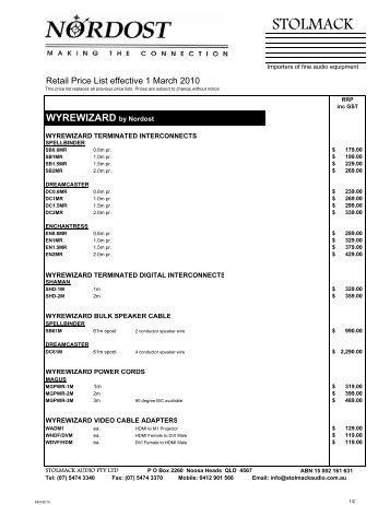 NORDOST DEALER & RETAIL PRICE LIST MAR 2010 - Pymble Hi-Fi