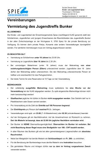 Vereinbarungen Vermietung des Jugendtreffs Bunker