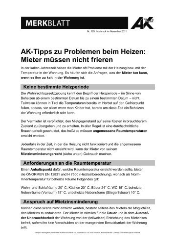 Mieter müssen nicht frieren - AK - Tirol