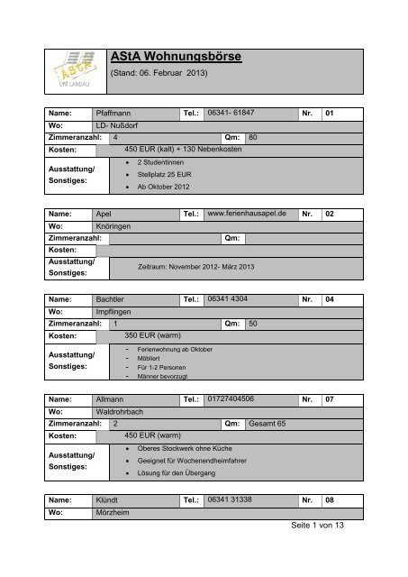 Wohnungsanzeigen (Pdf- Datei) - AStA Landau