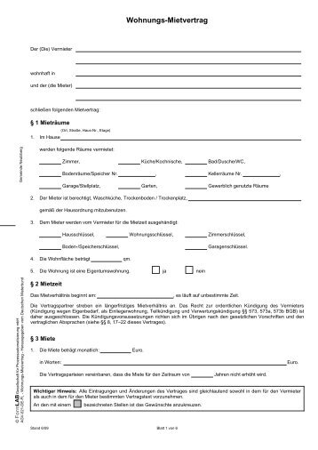 Wohnungs-Mietvertrag (Herausgegeben vom Deutschen Mieterbund)