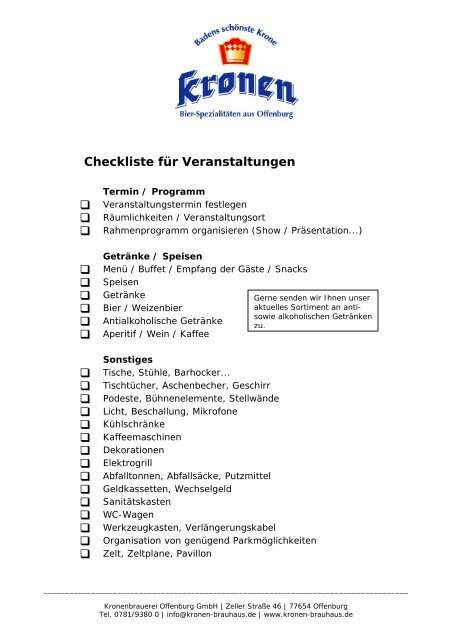 Checkliste für Veranstaltungen - Kronen Brauhaus Offenburg