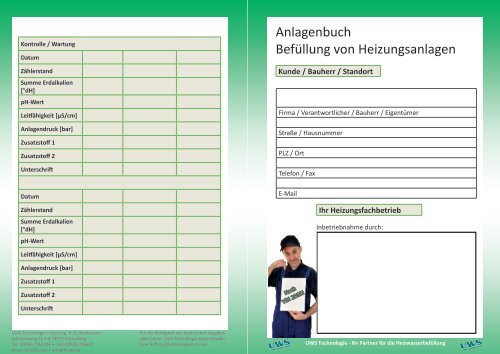 Anlagenbuch Befüllung von Heizungsanlagen - UWS Technologie