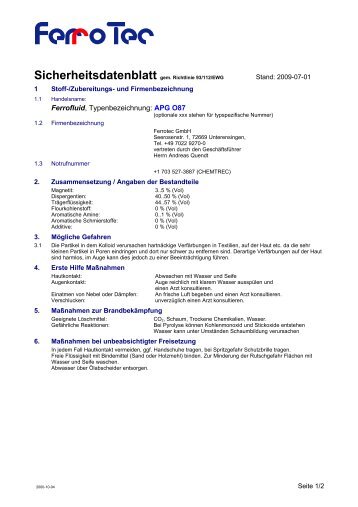 Ölbasierte Ferrofluide, Sicherheitsdatenblatt ... - FerroTec Europe