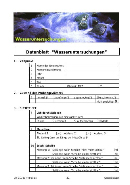 Kurzfassung der „Messprotokolle Wasser ... - GLOBE