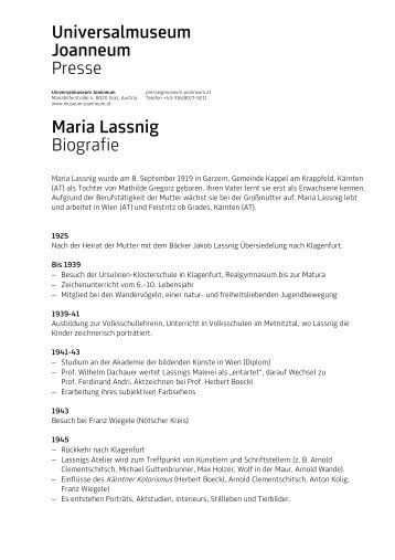 Universalmuseum Joanneum Presse Maria Lassnig Biografie