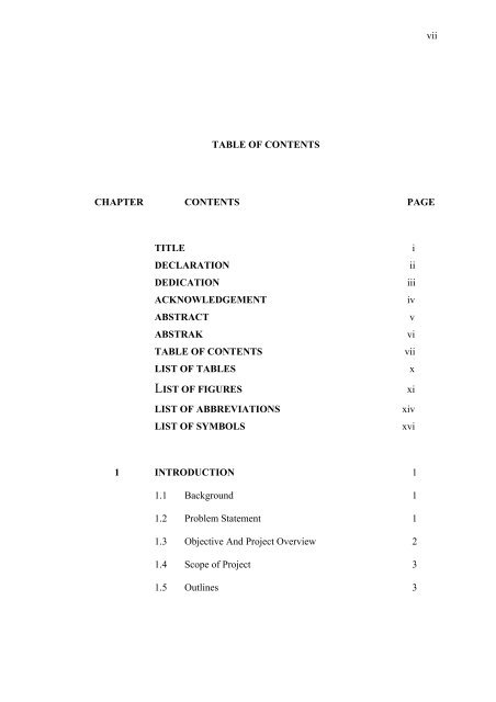 vii TABLE OF CONTENTS CHAPTER CONTENTS PAGE TITLE i ...