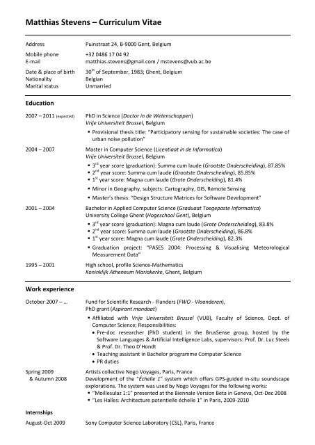 Curriculum Vitae Matthias Stevens - Homepages Vub Ac - Vrije ...