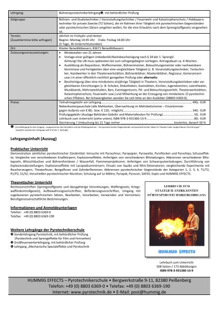 Formulare für die Anmeldung zum Bühnenpyrotechnikerlehrgang