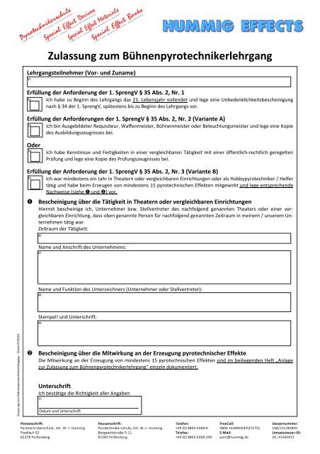 Formulare für die Anmeldung zum Bühnenpyrotechnikerlehrgang