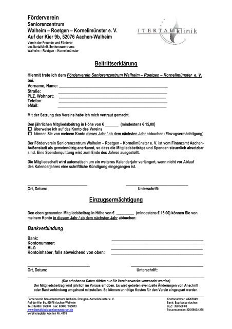 Beitrittserklarung Itertalklinik Seniorenzentrum