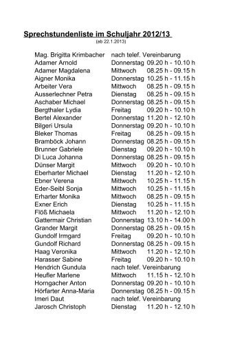 Sprechstundenliste im Schuljahr 2012/13 - BG/BORG St. Johann