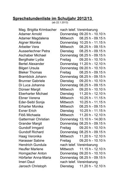 Sprechstundenliste im Schuljahr 2012/13 - BG/BORG St. Johann