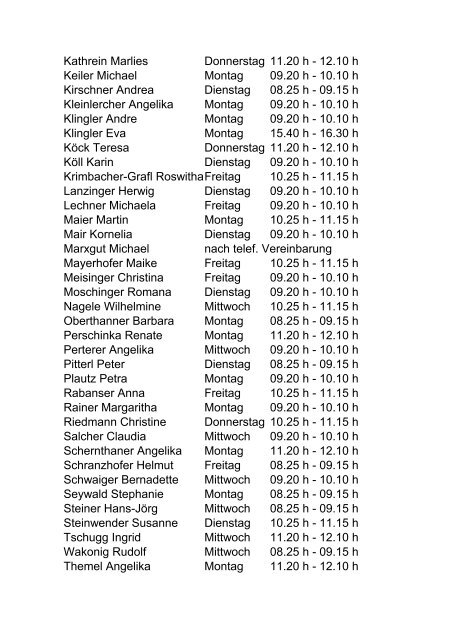 Sprechstundenliste im Schuljahr 2012/13 - BG/BORG St. Johann