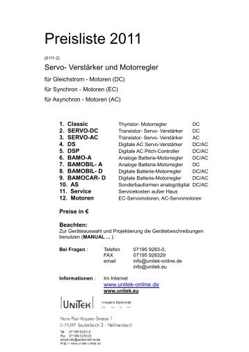 Geräteübersicht Transistor Servo Verstärker AC - UNITEK Industrie ...