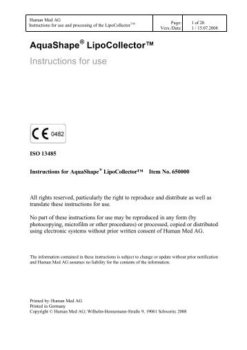 AquaShape LipoCollector™ Instructions for use