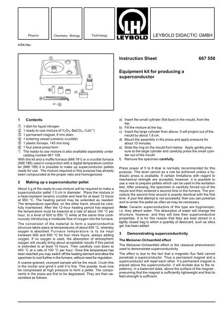 LEYBOLD DIDACTIC GMBH Instruction Sheet 667 550 Equipment ...