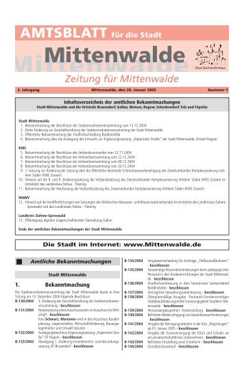 Die Stadt im Internet: www.Mittenwalde.de 1. Bekanntmachung