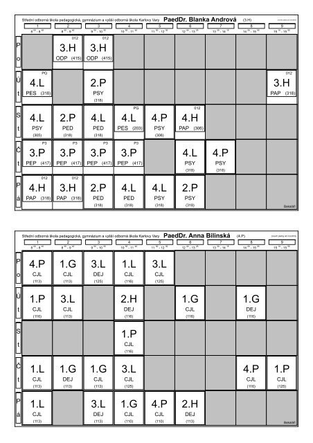 Bakaláři - Tisk rozvrhů - Střední pedagogická škola a gymnázium