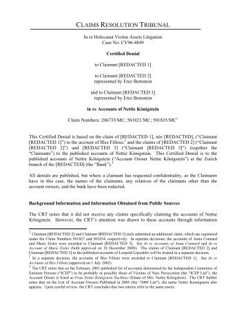 claims resolution tribunal - Holocaust Victim Assets Litigation (Swiss ...