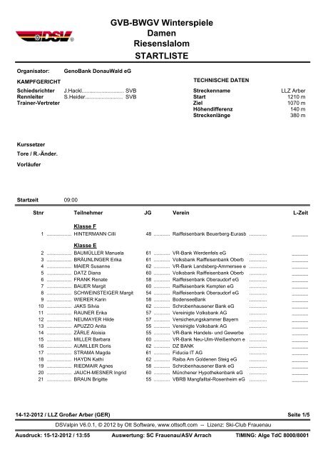 STARTLISTE GVB-BWGV Winterspiele Damen Riesenslalom