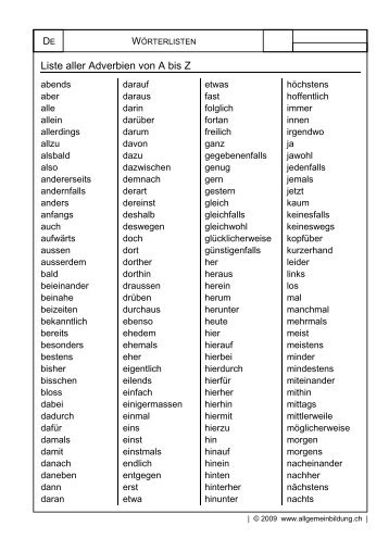Liste aller Adverbien von A bis Z - Allgemeinbildung.ch