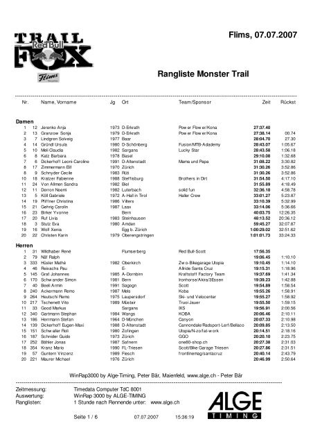 Flims, 07.07.2007 Rangliste Monster Trail - ALGE-TIMING Schweiz