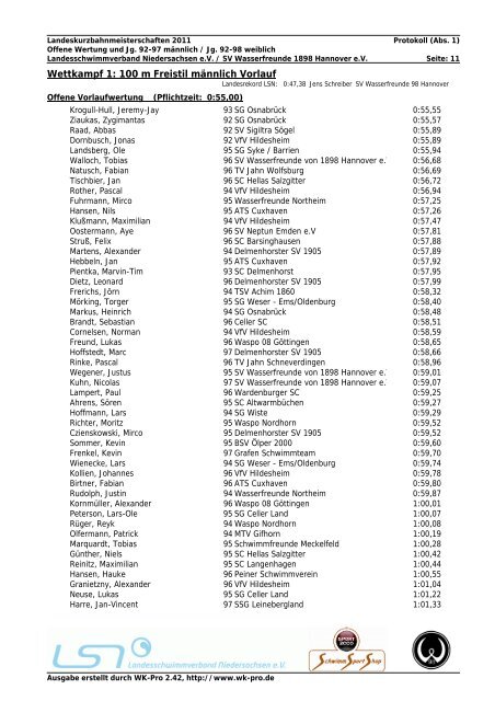 WK-Pro Protokoll - Landesschwimmverband Niedersachsen eV