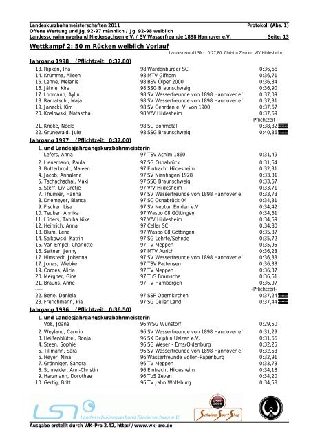 WK-Pro Protokoll - Landesschwimmverband Niedersachsen eV
